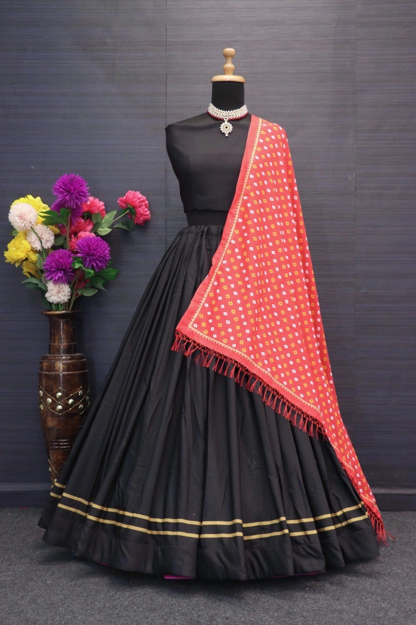 Muslin Cotton Lehenga Set with Real Mirror Work - Complete Ensemble-Black-1