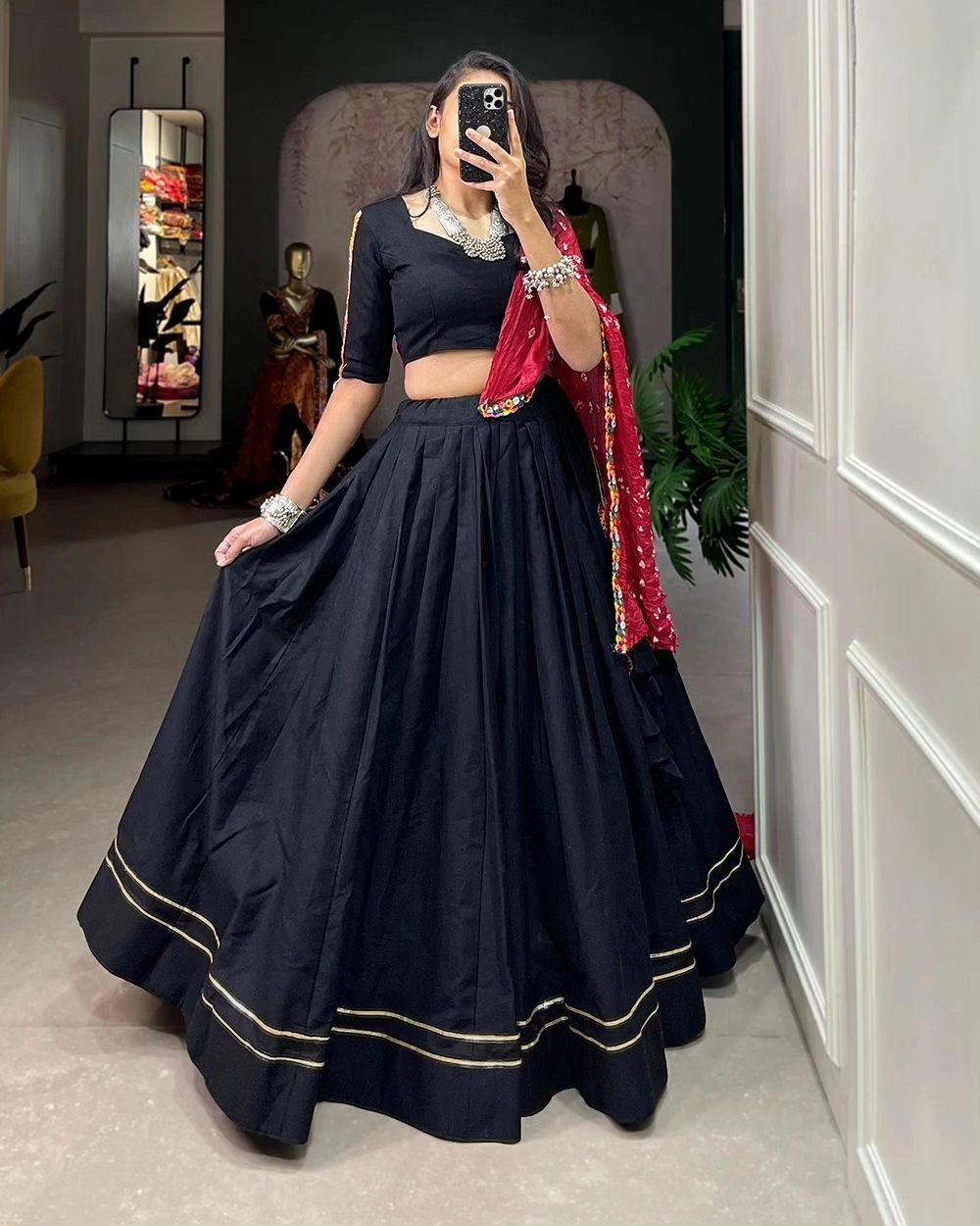 Muslin Cotton Lehenga Set with Real Mirror Work - Complete Ensemble-Black-2