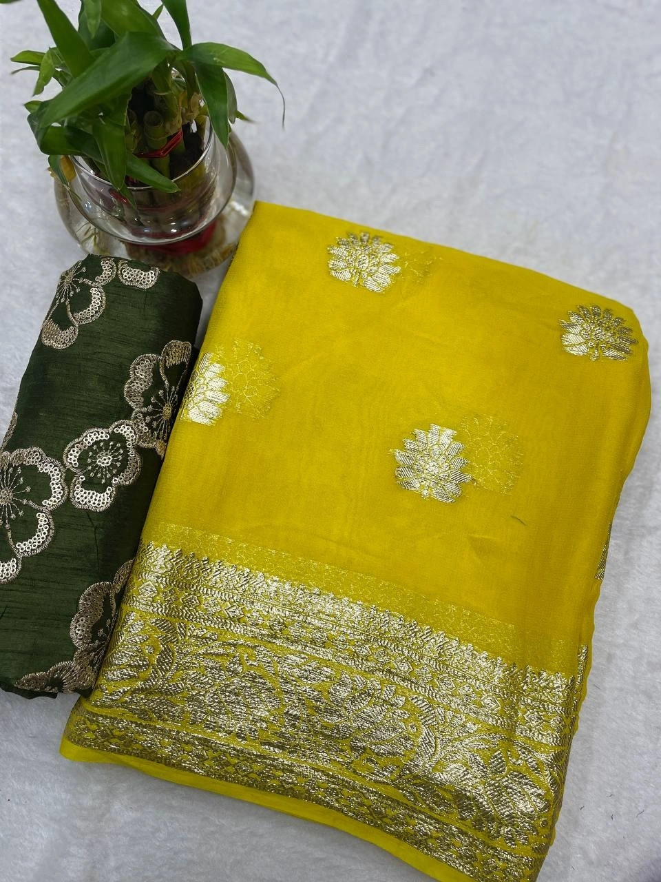 Pure Viscose Georgette Saree with Stunning Gold Sequin Work-RIE-10-Yellow