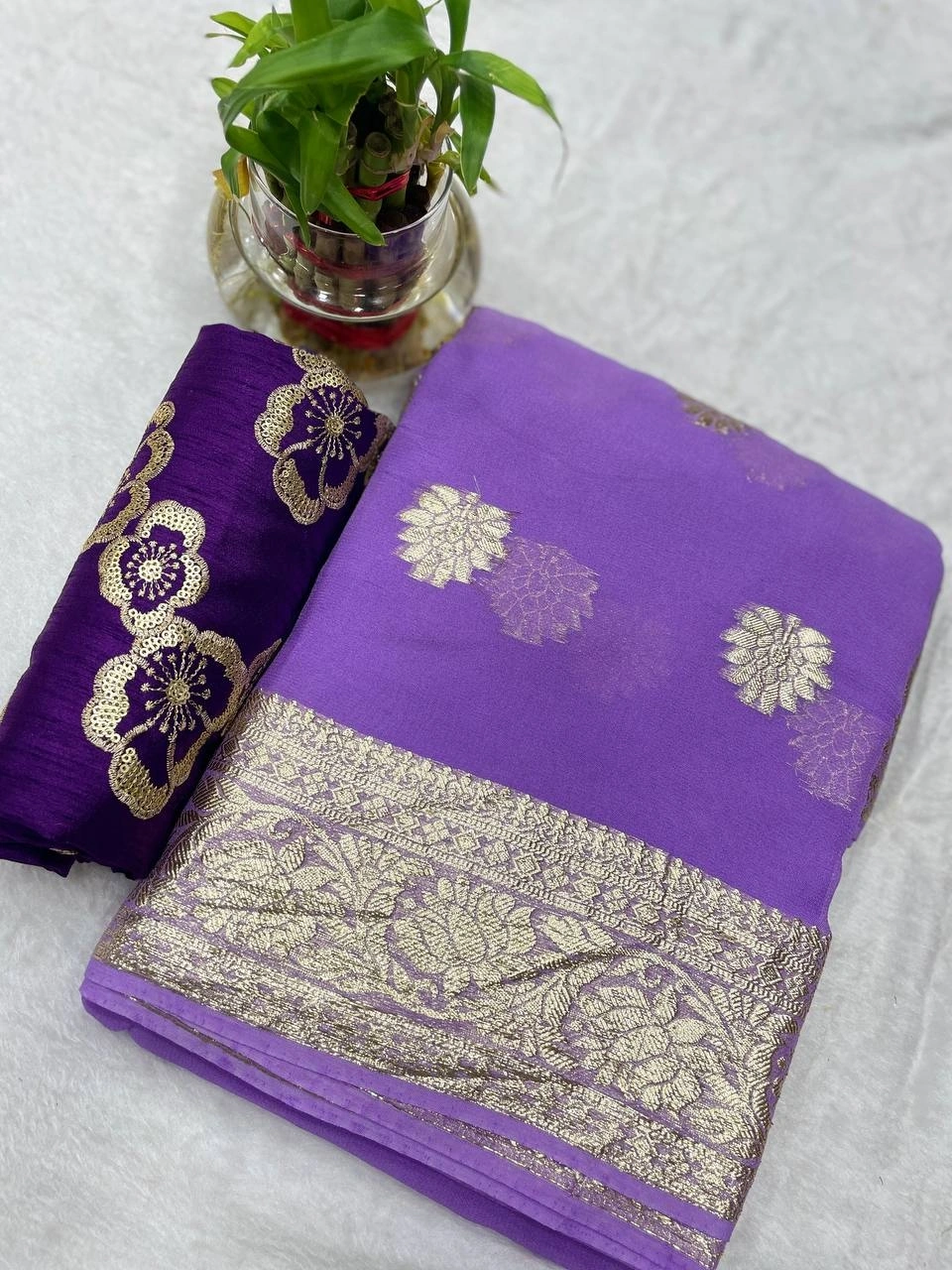 Pure Viscose Georgette Saree with Stunning Gold Sequin Work-RIE-10-Purple