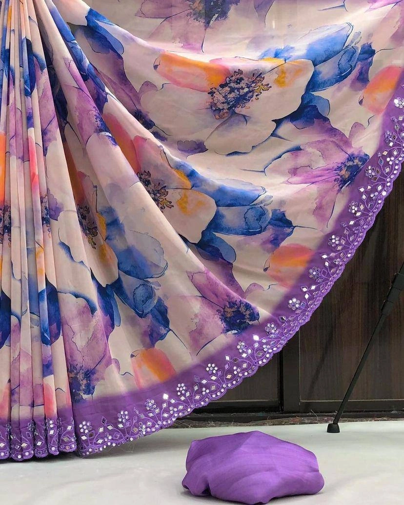 Georgette Saree with Digital and Stone Embroidery - Mono Banglory-Purple-3