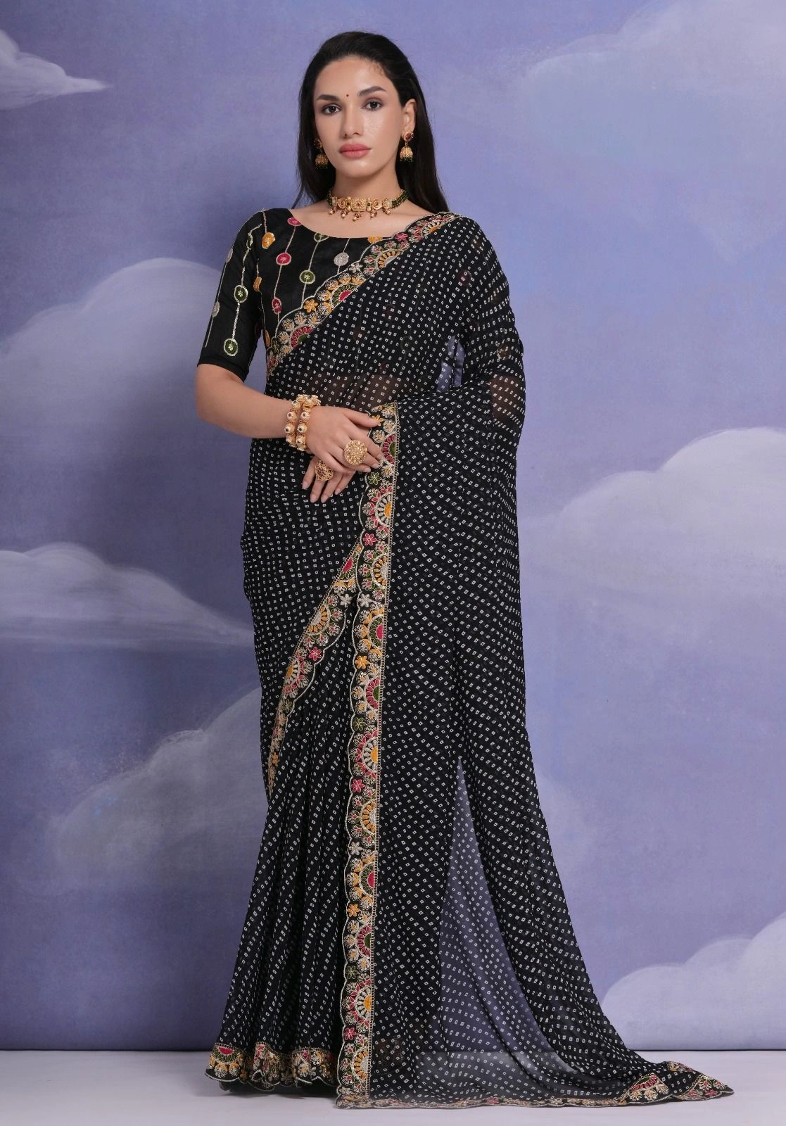 Bhandhej Georgette Sarees with Designer Lace Border-RVT-606-Black