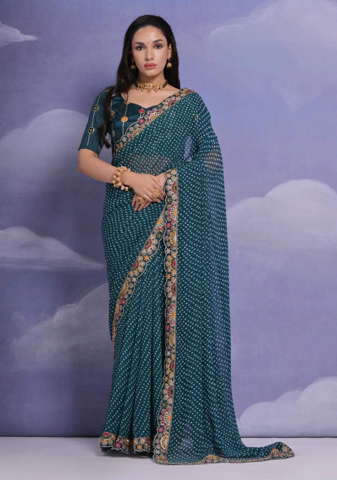 Bhandhej Georgette Sarees with Designer Lace Border-RVT-606-Green