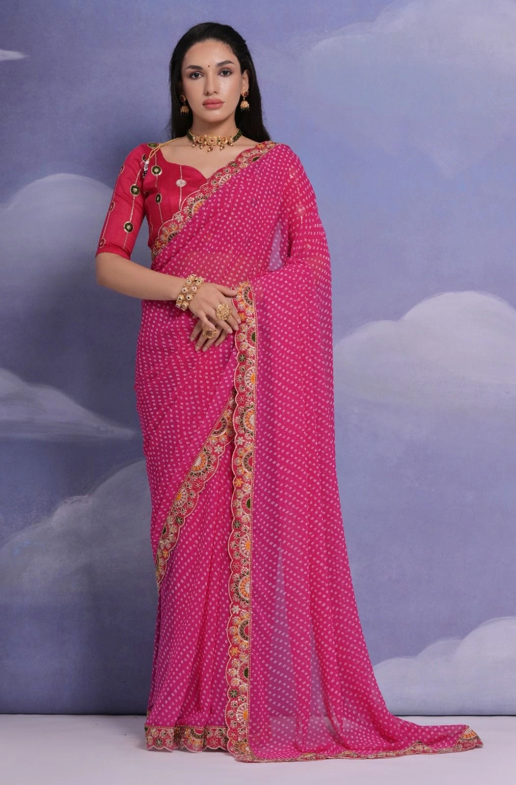 Bhandhej Georgette Sarees with Designer Lace Border-RVT-606-Red