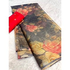 Soft Crushed Tissue Silk Saree: Elegant All-Over Digital Print, Stunning Contrast Work