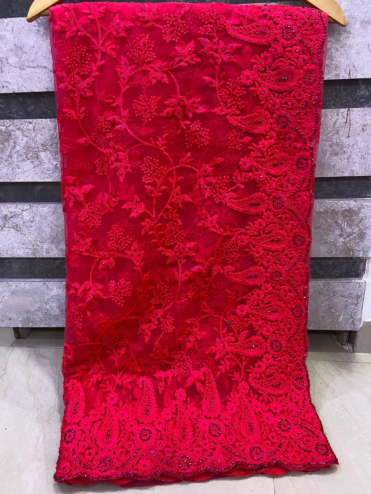 Embroidered Butterfly Net Saree with Diamond Work-RBC-15-Red