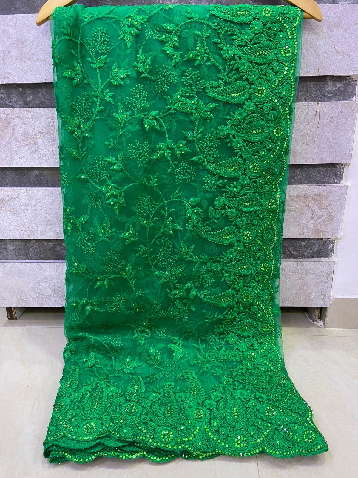 Embroidered Butterfly Net Saree with Diamond Work-RBC-15-Green