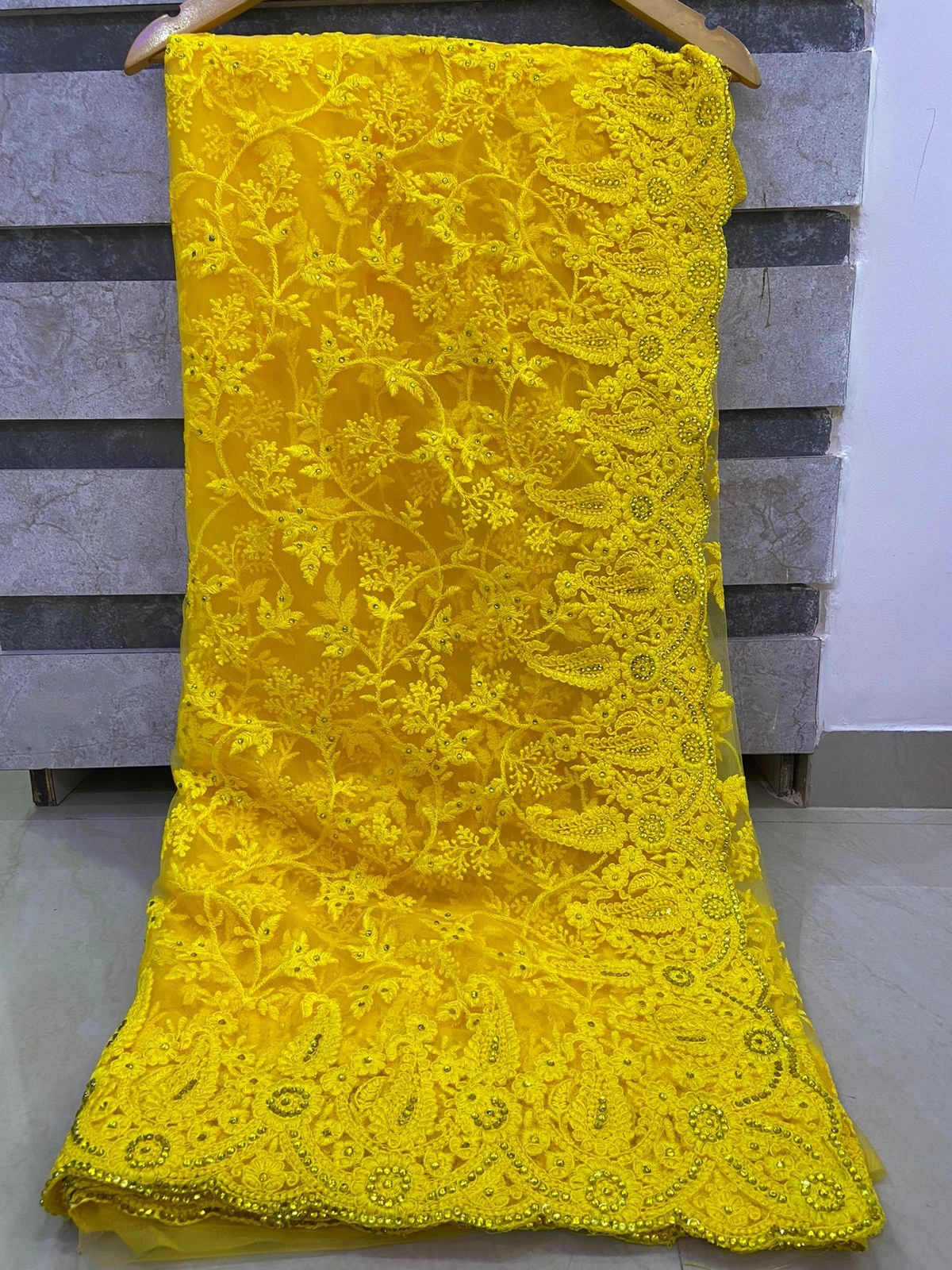 Embroidered Butterfly Net Saree with Diamond Work-RBC-15-Yellow