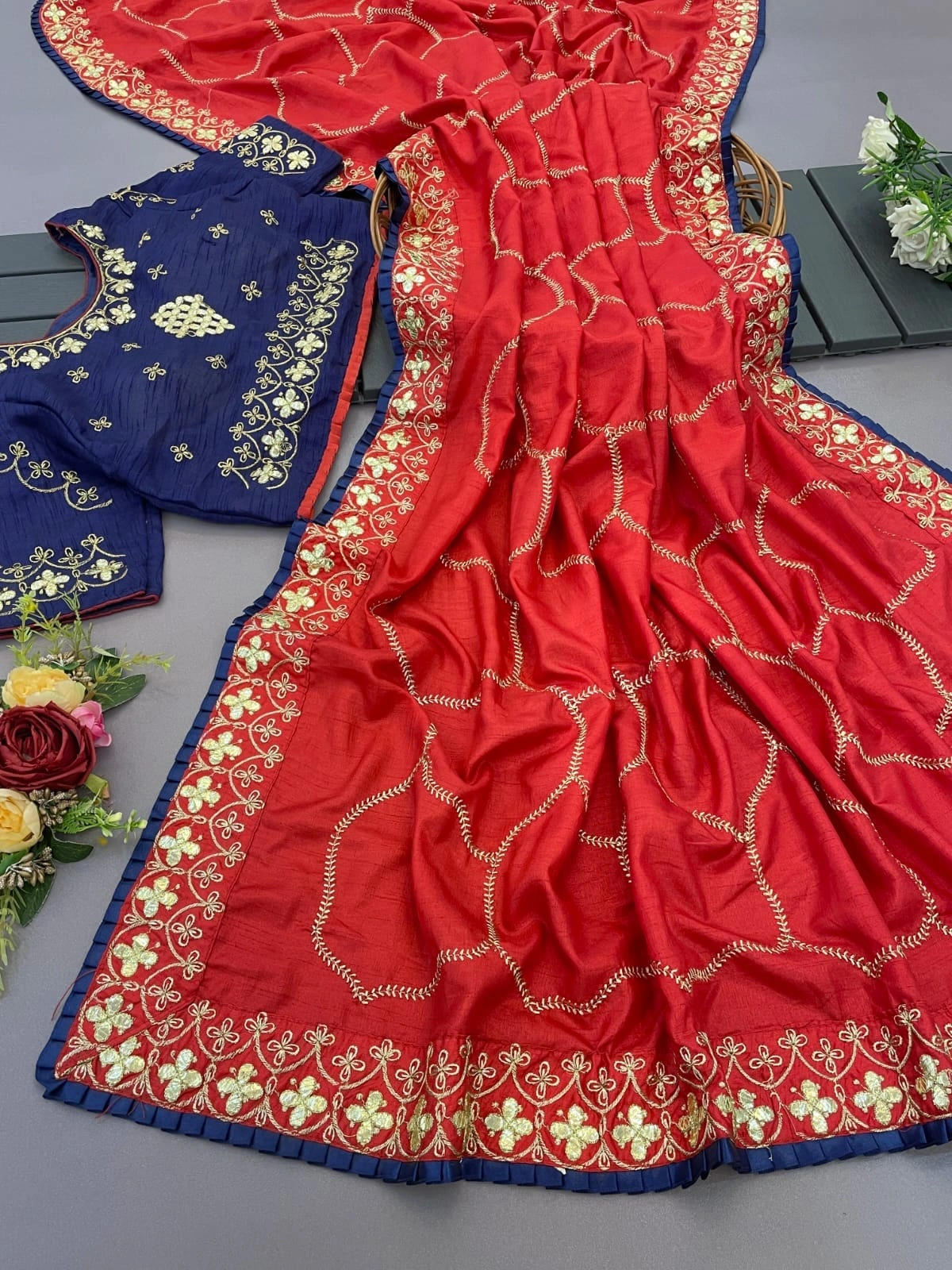 Multi-Work Saree Set with Full Stitched Blouse - Size 40-42-RJK-30-Red