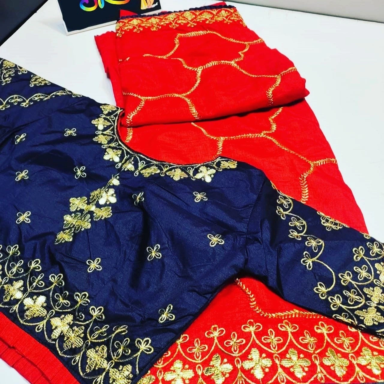 Multi-Work Saree Set with Full Stitched Blouse - Size 40-42-Red-2