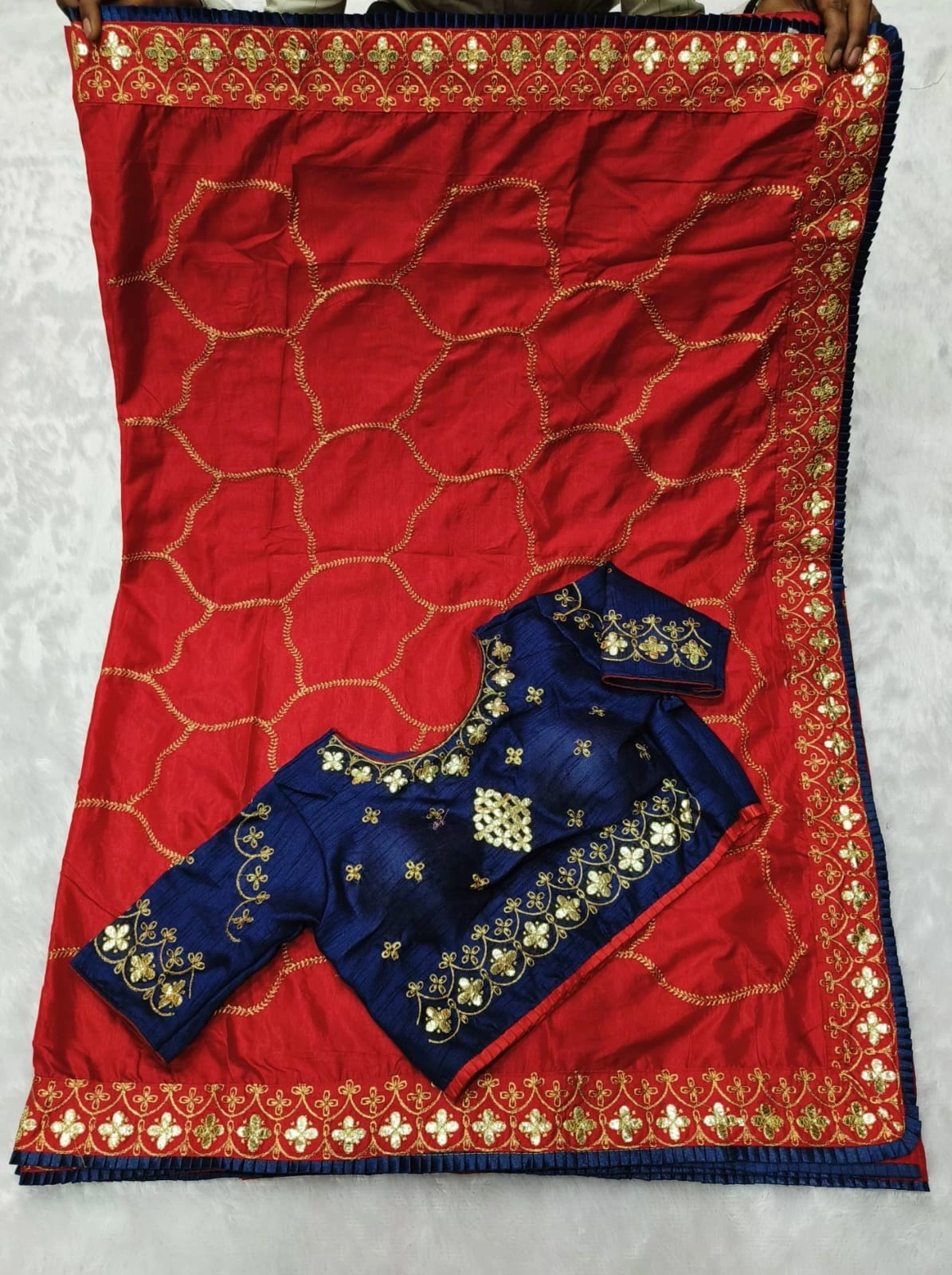 Multi-Work Saree Set with Full Stitched Blouse - Size 40-42-Red-3