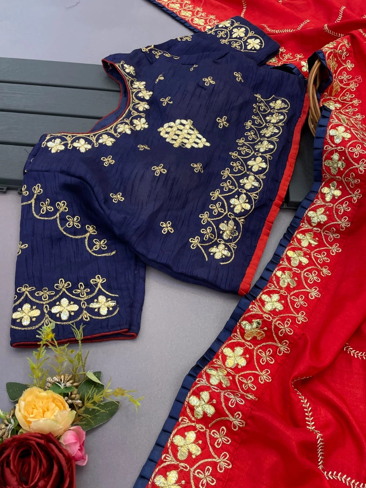 Multi-Work Saree Set with Full Stitched Blouse - Size 40-42-Red-5