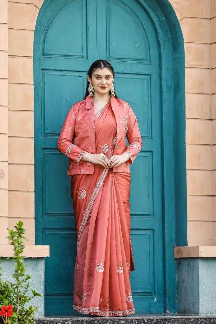 Beautifully Embellished Organza Saree with Sequin Border &amp; Free-Style Jacket-RJK-31-Peach