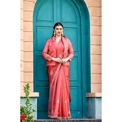 Beautifully Embellished Organza Saree with Sequin Border & Free-Style Jacket