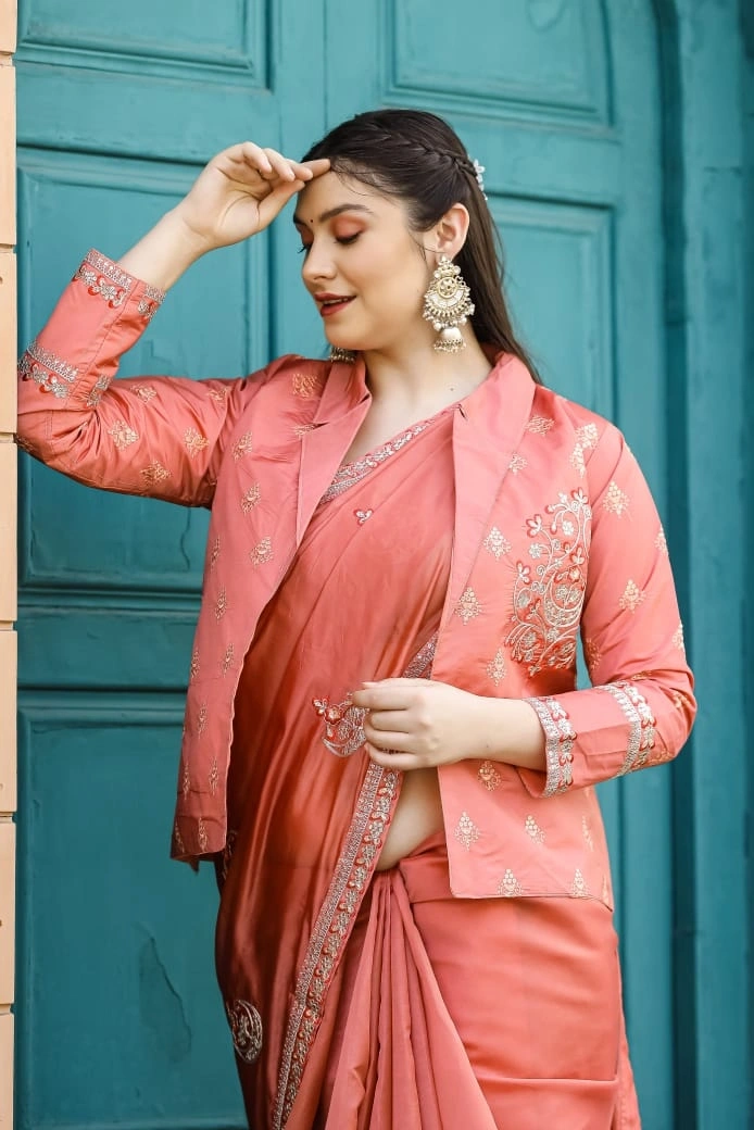 Beautifully Embellished Organza Saree with Sequin Border &amp; Free-Style Jacket-Peach-1