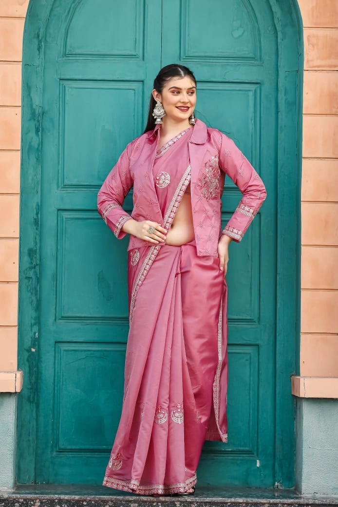 Beautifully Embellished Organza Saree with Sequin Border &amp; Free-Style Jacket-RJK-31-Pink