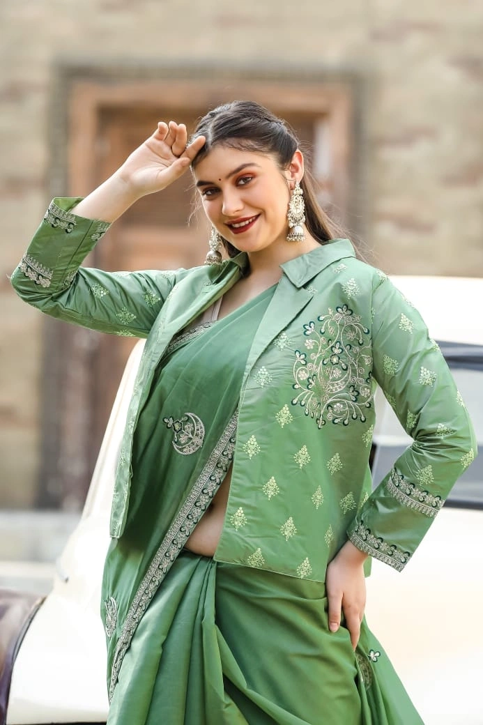 Beautifully Embellished Organza Saree with Sequin Border &amp; Free-Style Jacket-Green-1