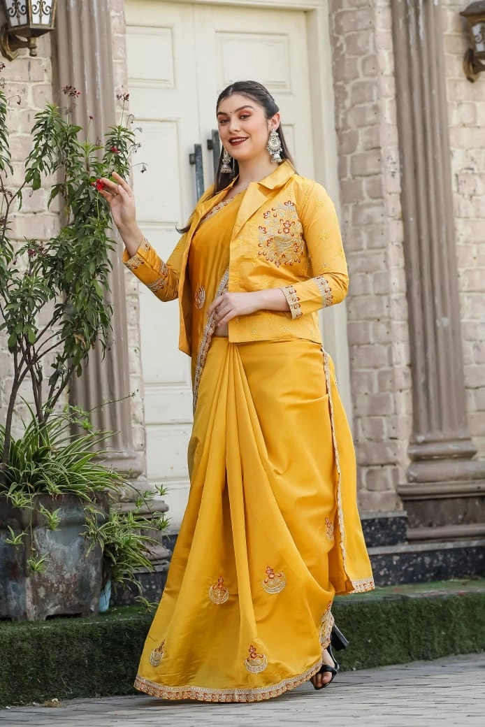 Beautifully Embellished Organza Saree with Sequin Border &amp; Free-Style Jacket-RJK-31-Yellow