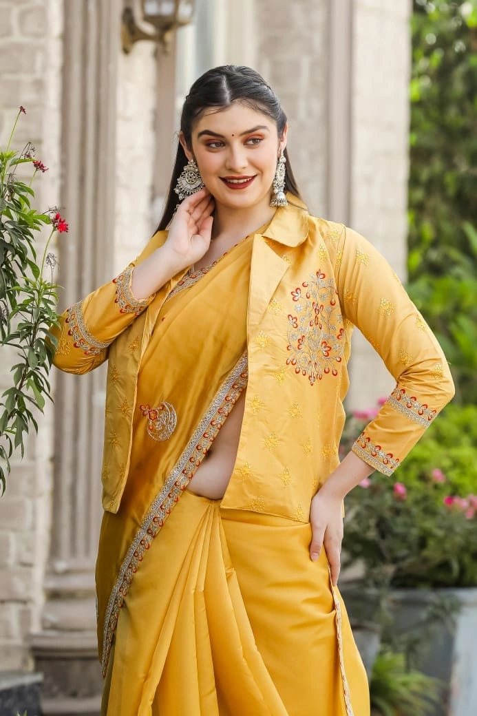 Beautifully Embellished Organza Saree with Sequin Border &amp; Free-Style Jacket-Yellow-1