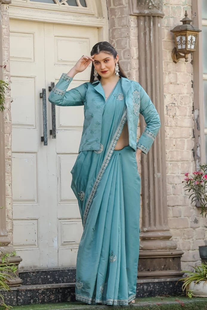 Beautifully Embellished Organza Saree with Sequin Border &amp; Free-Style Jacket-RJK-31-SkyBlue