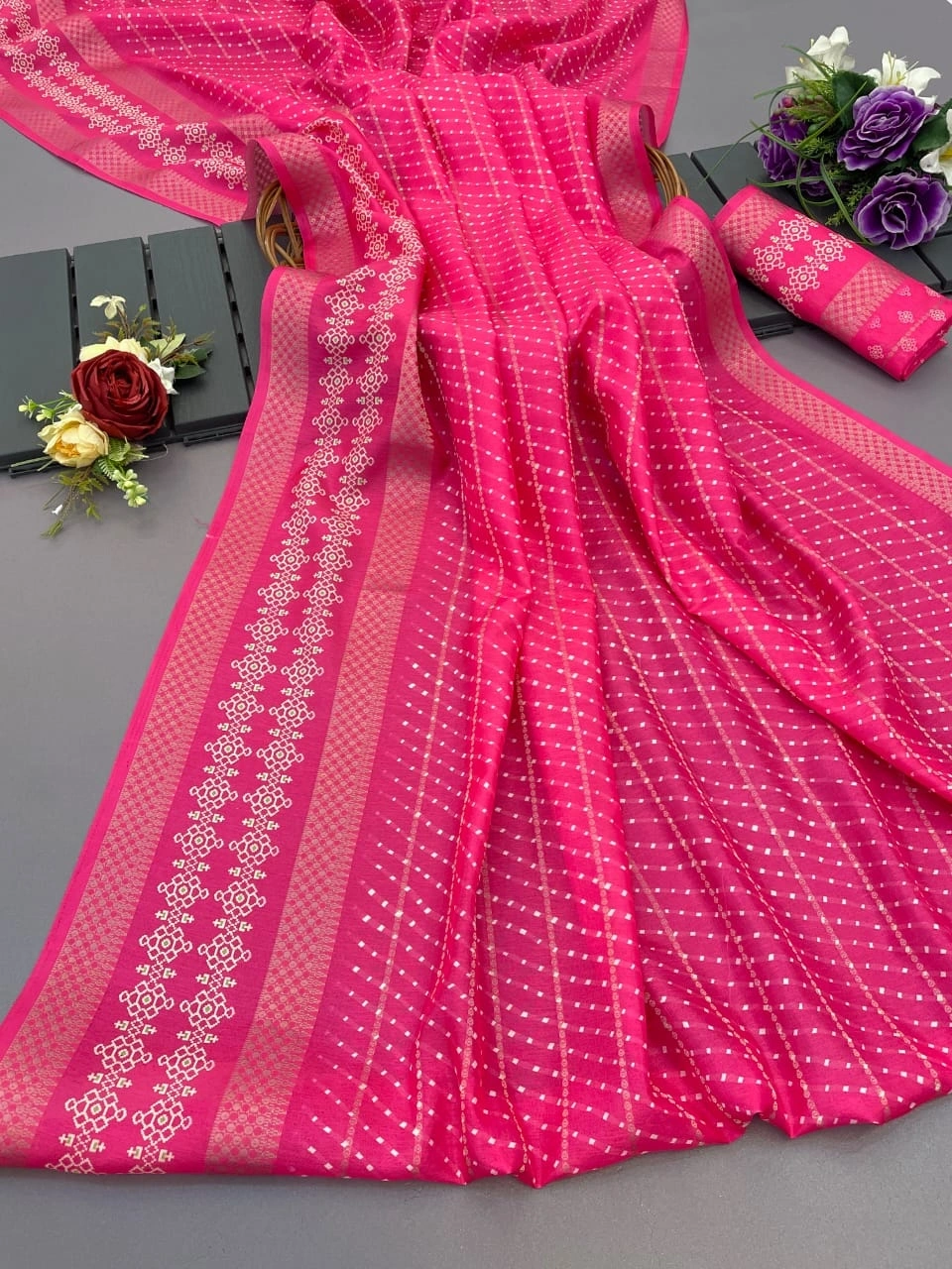 Stunning Gulabi Leheriya Sarees: Digital Print with Fancy Jari Border-Red-1