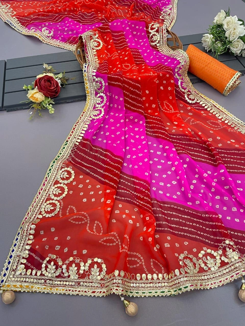 Blooming Fox Georgette and Bandhej Prit Saree with Jaipuri Gota Patti Work-JHT-15-Pink