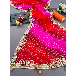 YNF Blooming Fox Georgette and Bandhej Prit Saree with Jaipuri Gota Patti Work