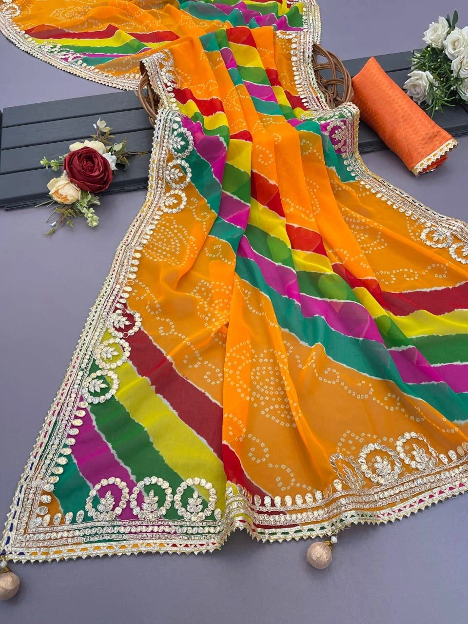 Blooming Fox Georgette and Bandhej Prit Saree with Jaipuri Gota Patti Work-JHT-15-Yellow