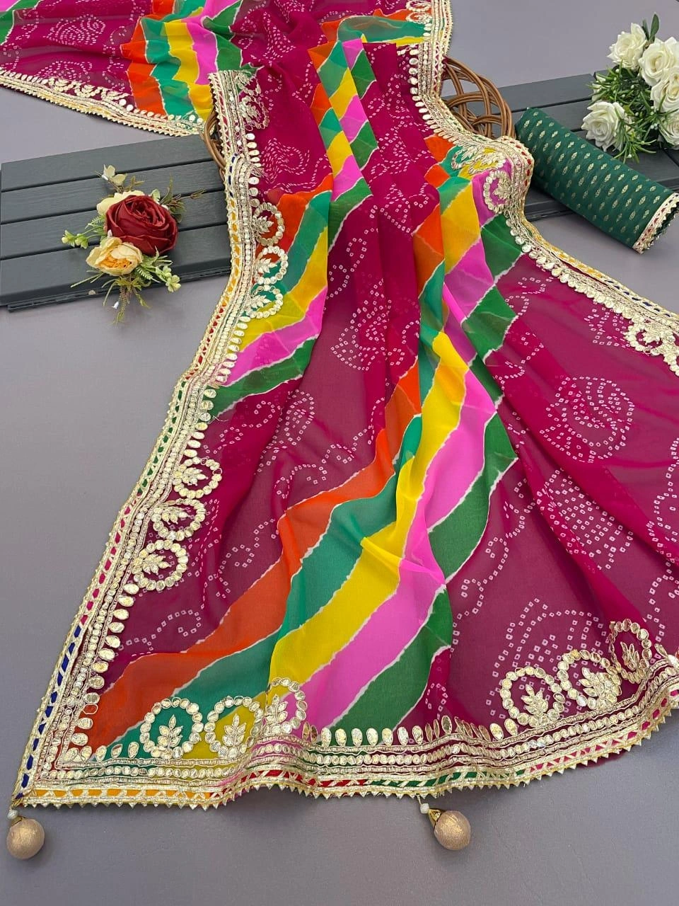 Blooming Fox Georgette and Bandhej Prit Saree with Jaipuri Gota Patti Work-JHT-15-Wine