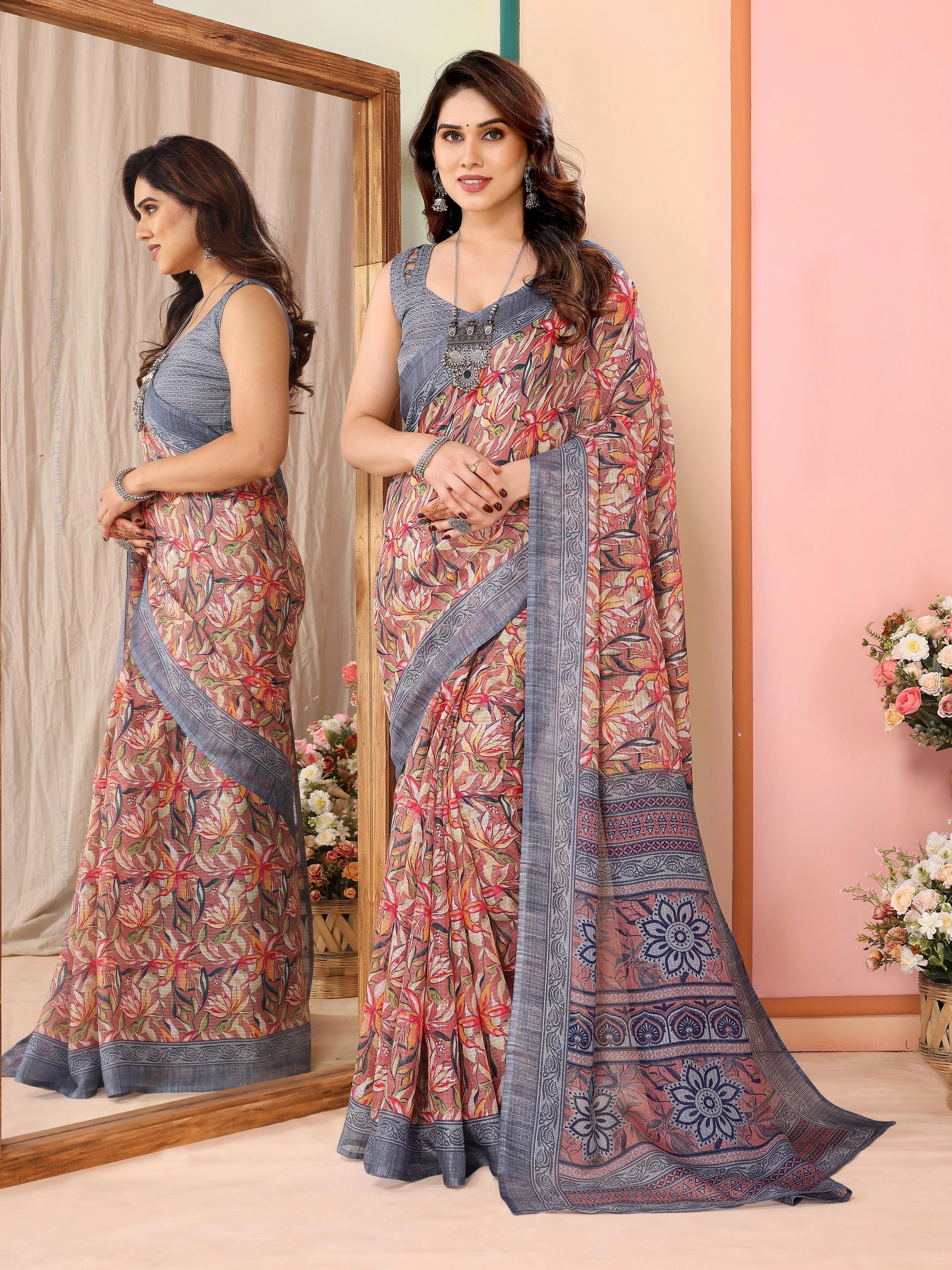 Printed Kota Doriya Silk Saree with Unstitched Blouse-NFA-04-Grey