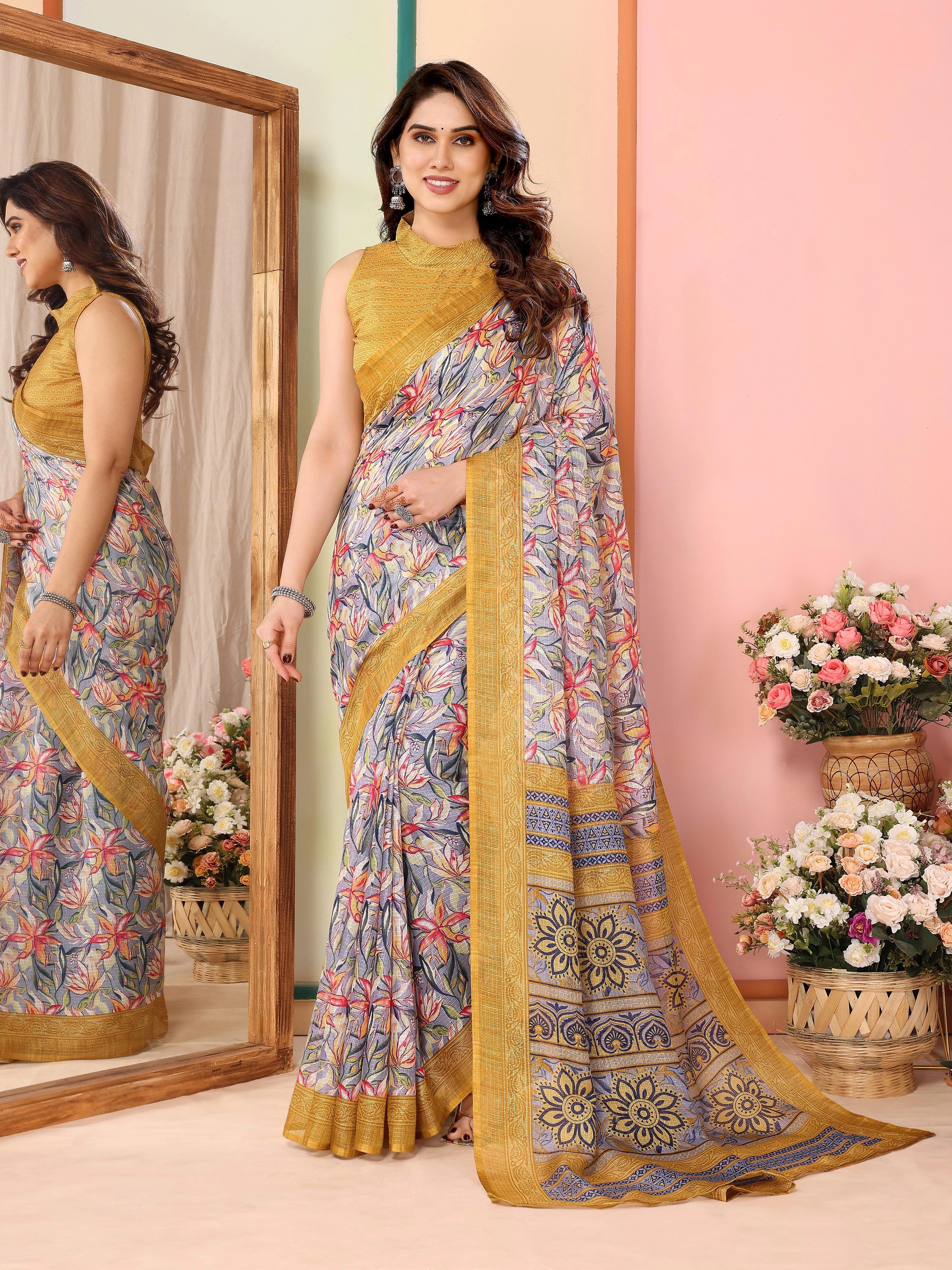 Printed Kota Doriya Silk Saree with Unstitched Blouse-NFA-04-Yellow