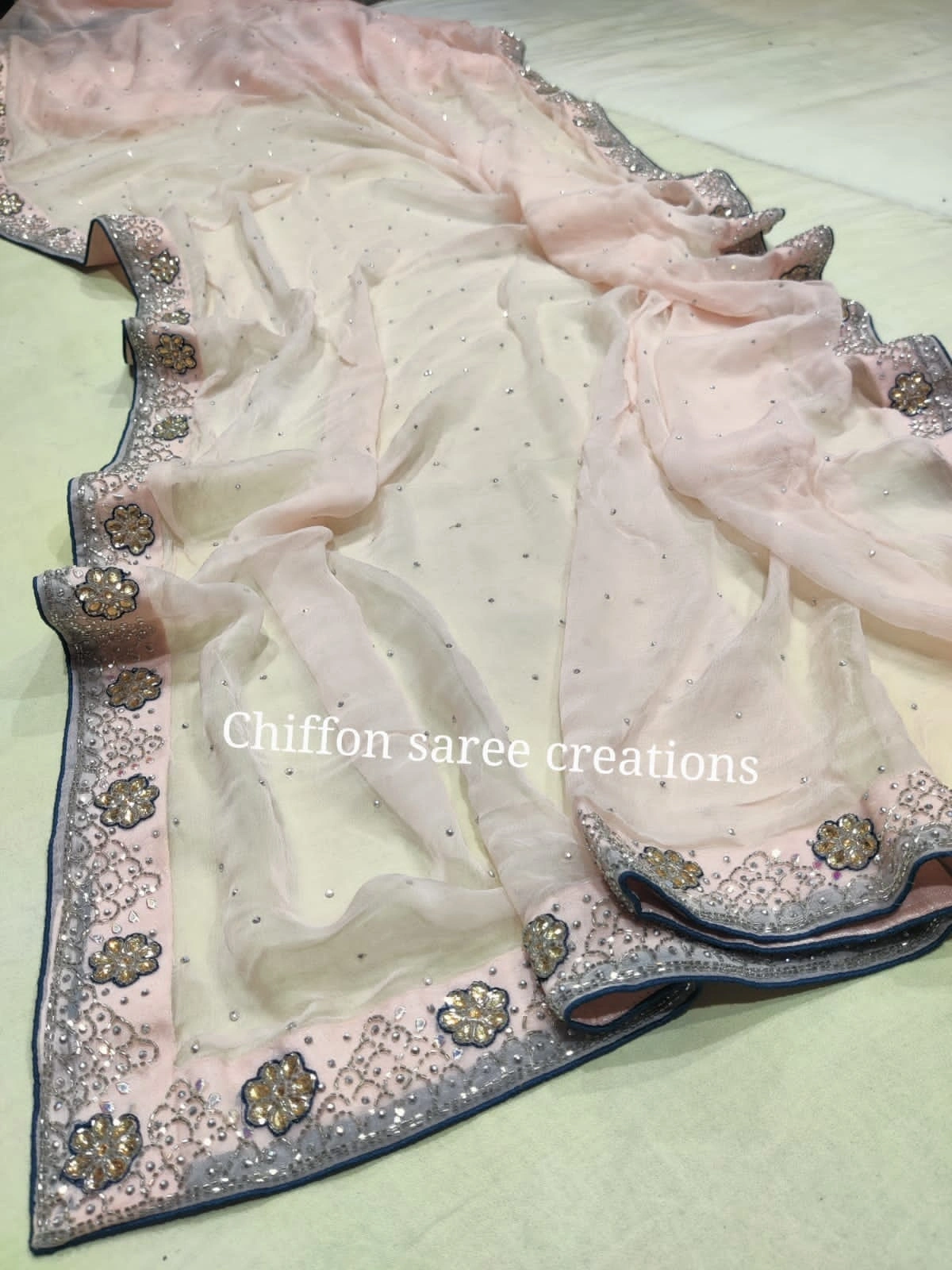 Pure Chiffon Saree: Elegant Hand-Worked Border, Stunning Blouse (New Arrival)-White-1