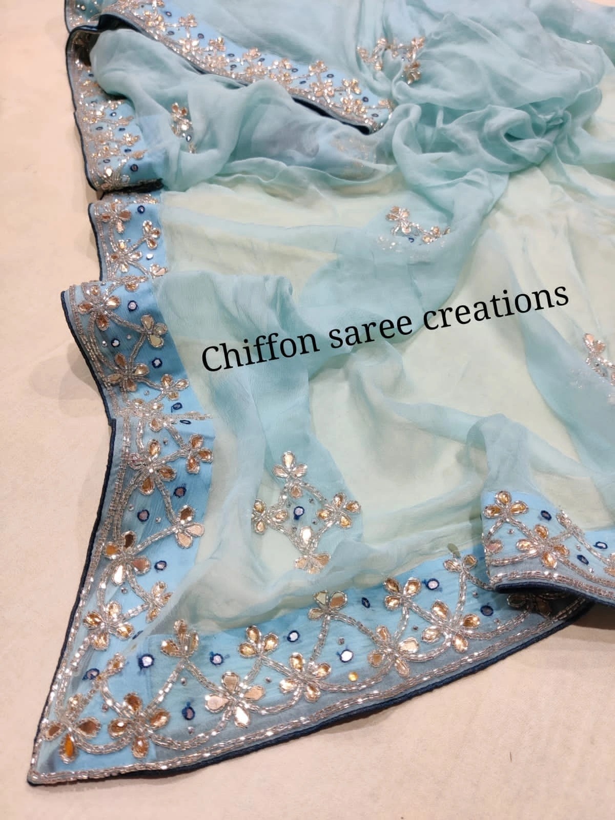 Pure Chiffon Saree: Elegant Hand-Worked Border, Stunning Blouse (New Arrival)-NSD-31-SkyBlue