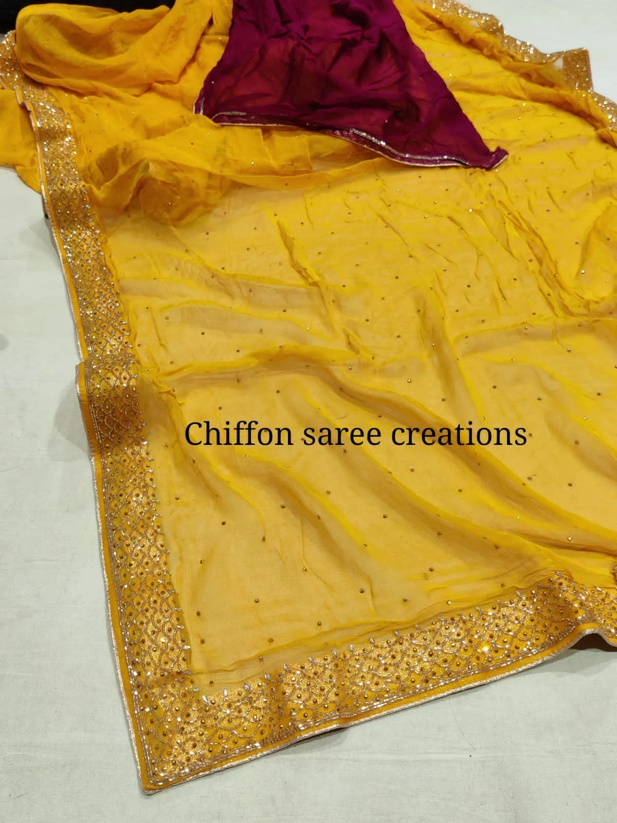 Pure Chiffon Saree: Elegant Hand-Worked Border, Stunning Blouse (New Arrival)-NSD-31-Yellow