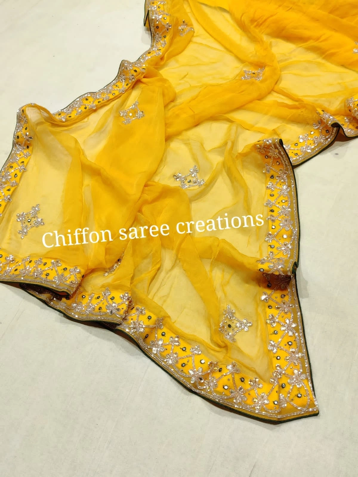 Pure Chiffon Saree: Elegant Hand-Worked Border, Stunning Blouse (New Arrival)-Yellow-1