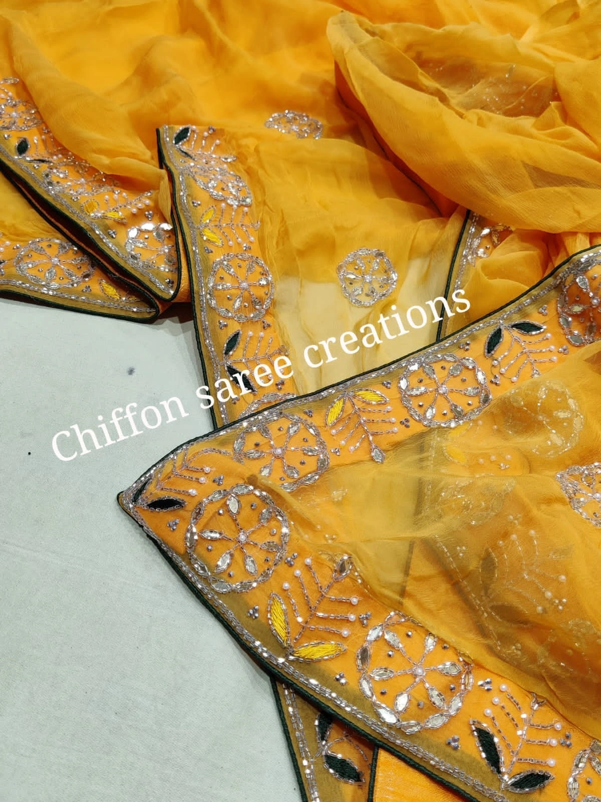 Pure Chiffon Saree: Elegant Hand-Worked Border, Stunning Blouse (New Arrival)-Yellow-2