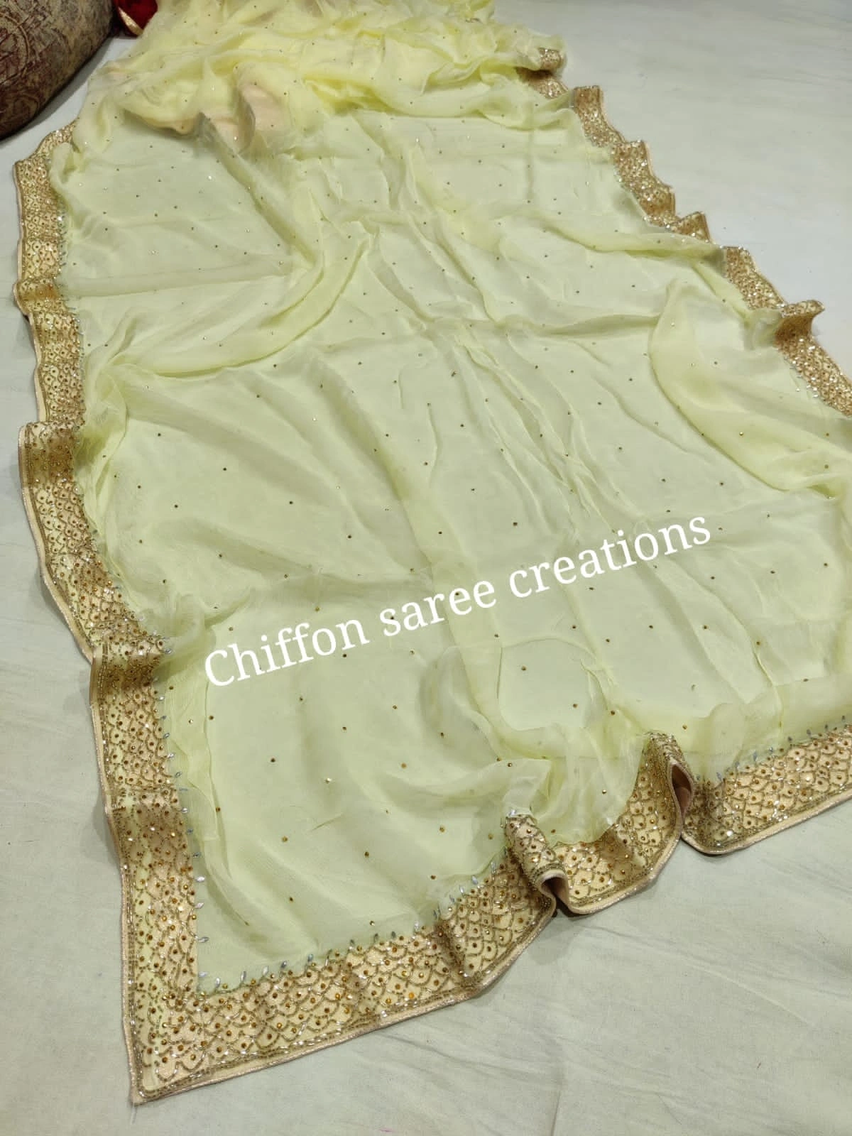 Pure Chiffon Saree: Elegant Hand-Worked Border, Stunning Blouse (New Arrival)-Pista-1