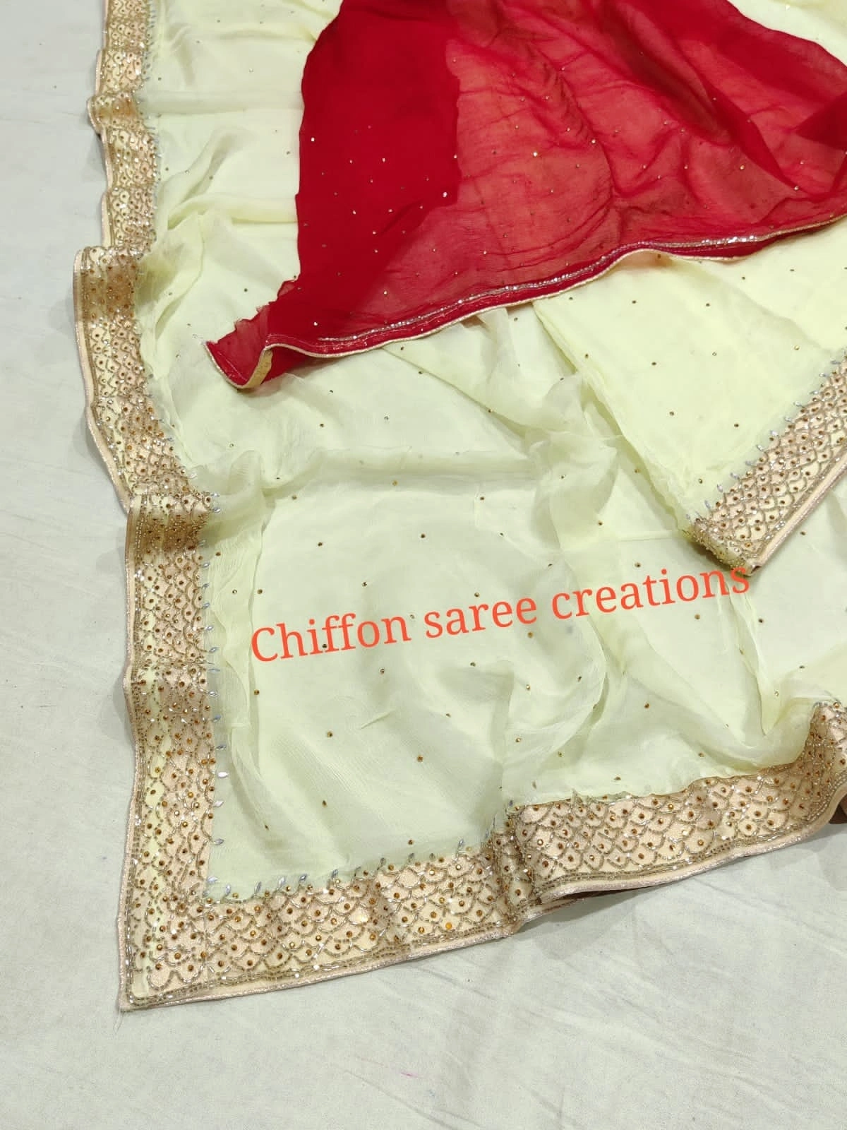 Pure Chiffon Saree: Elegant Hand-Worked Border, Stunning Blouse (New Arrival)-Pista-2