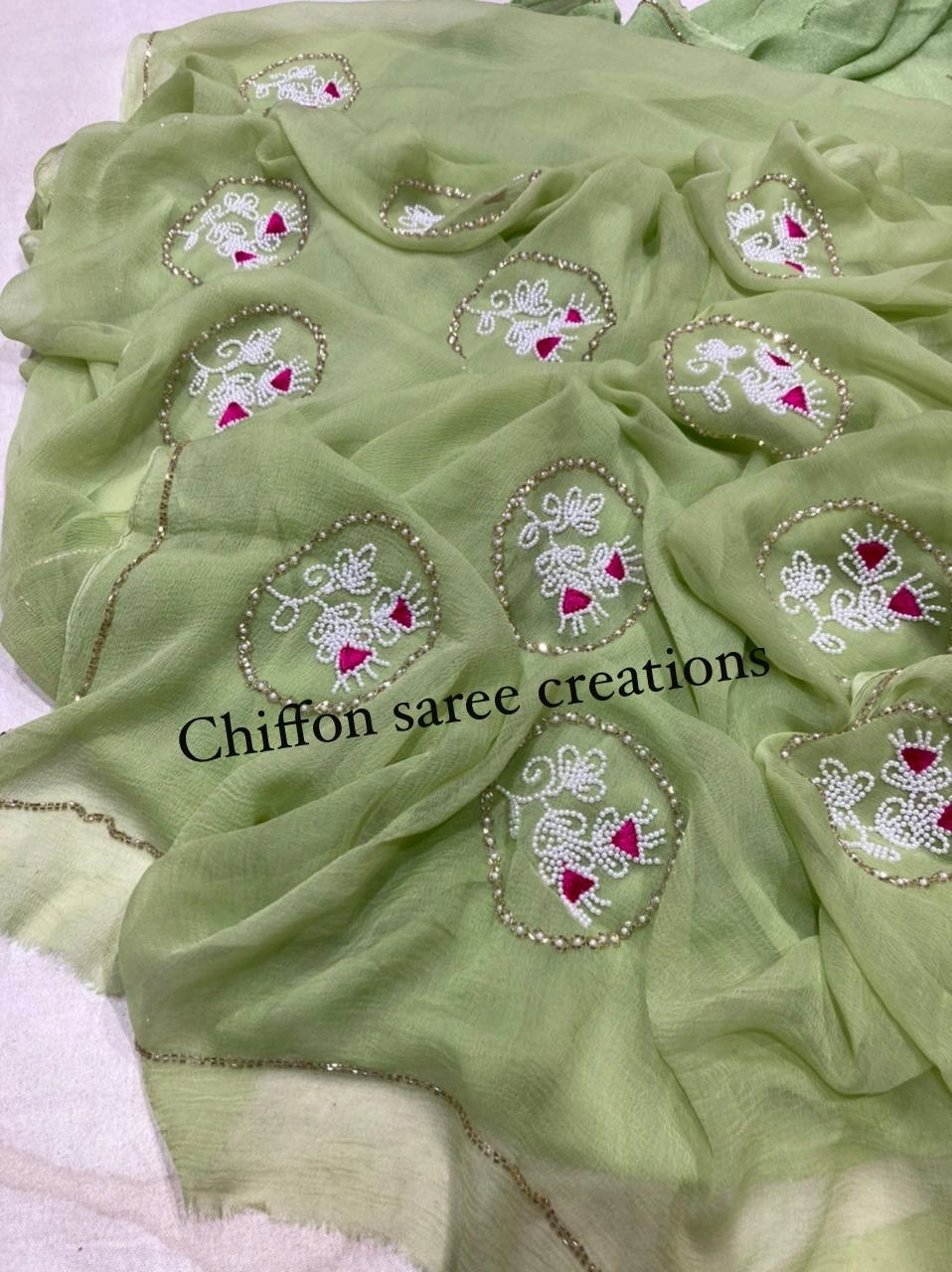 Dazzling Diamond Chiffon Saree with Kadhana Moti Butti Work-Green-1