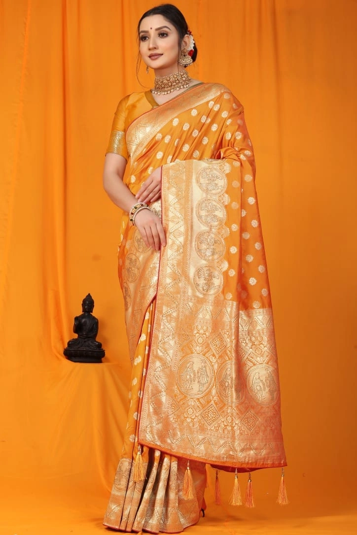 Kanchipuram Pure Silk Saree: Gorgeous Siroski Work, Gold Jari Border-PTN-02-Yellow