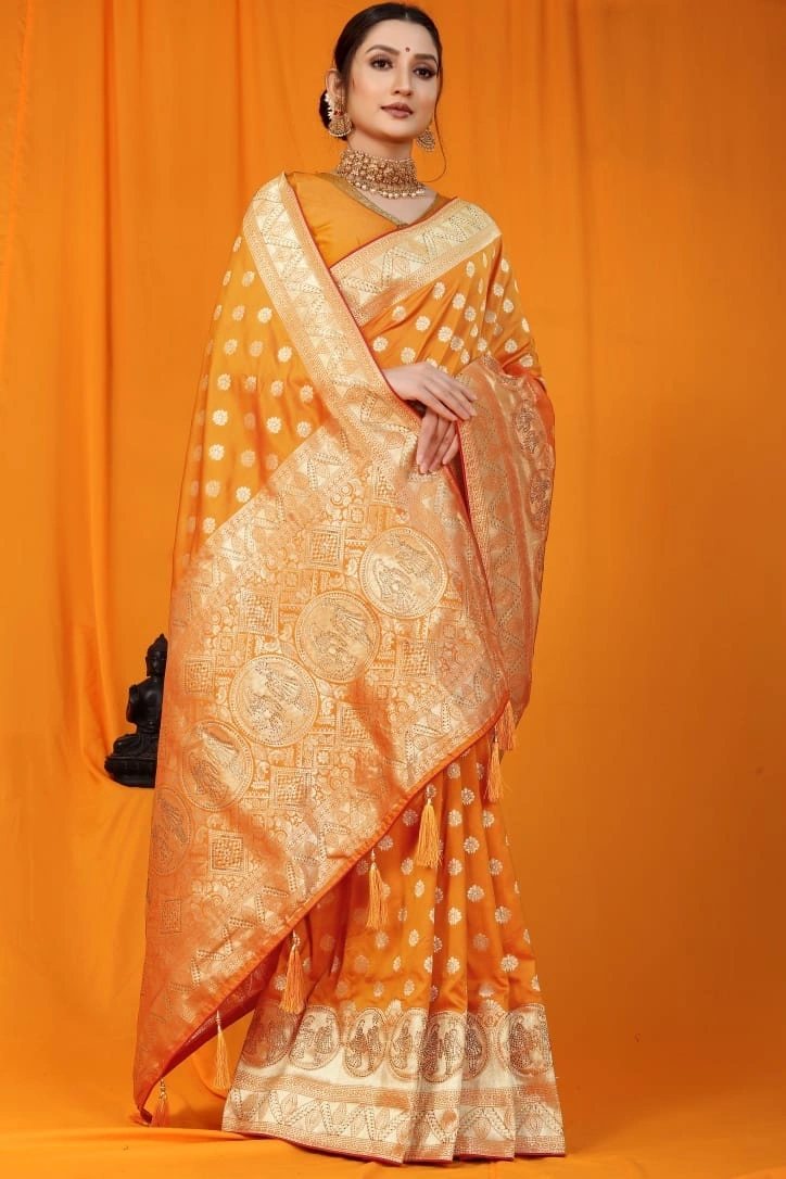 Kanchipuram Pure Silk Saree: Gorgeous Siroski Work, Gold Jari Border-Yellow-1