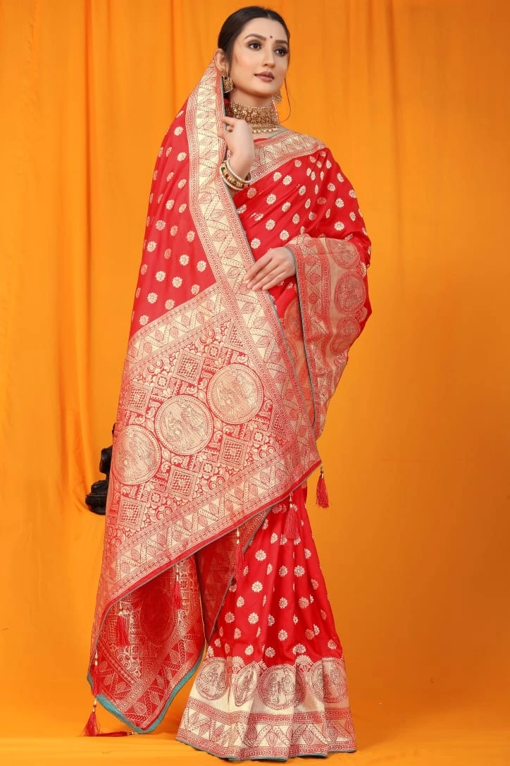 Kanchipuram Pure Silk Saree: Gorgeous Siroski Work, Gold Jari Border-PTN-02-Red