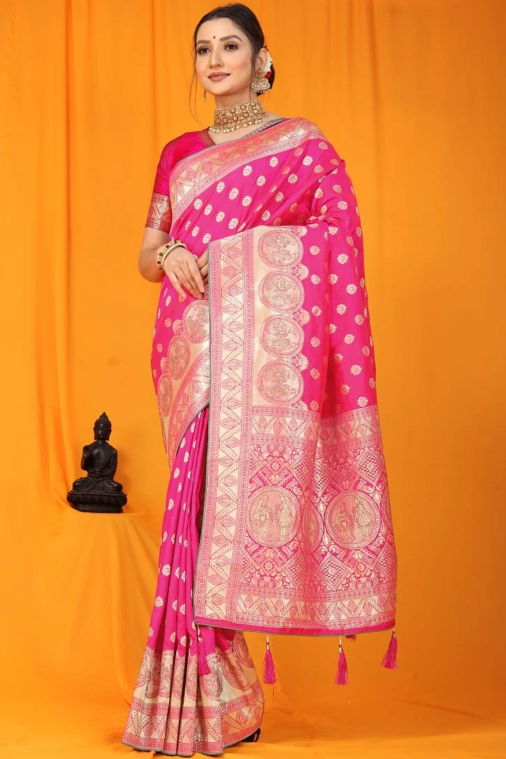 Kanchipuram Pure Silk Saree: Gorgeous Siroski Work, Gold Jari Border-PTN-02-Pink