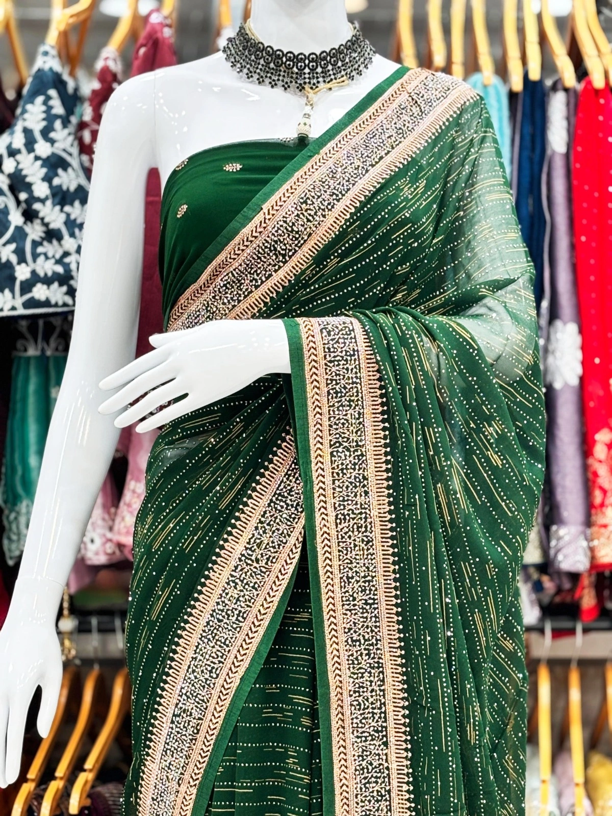 Pigment Print Saree with Heavy Zari Border &amp; Swarovski Work-Green-1