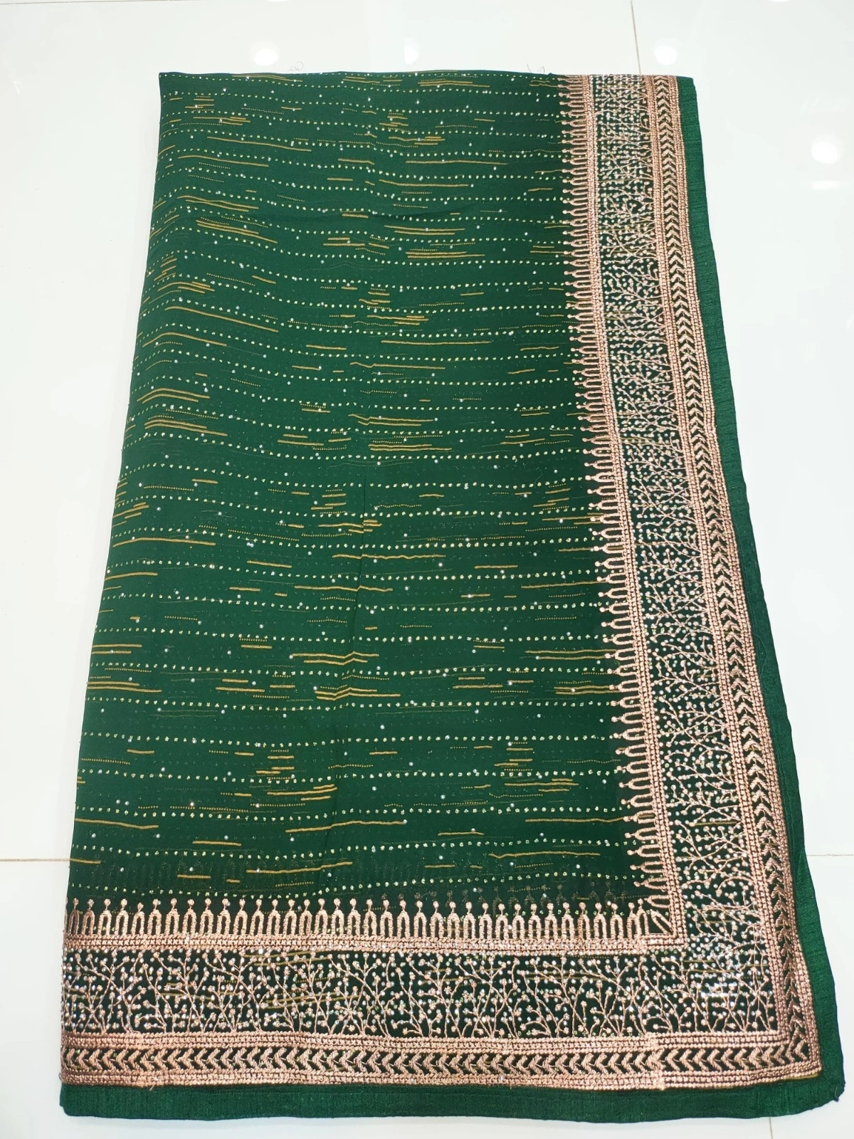 Pigment Print Saree with Heavy Zari Border &amp; Swarovski Work-Green-2