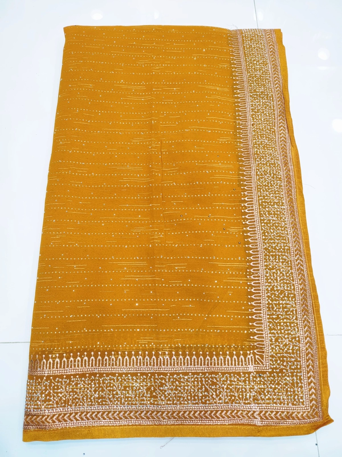 Pigment Print Saree with Heavy Zari Border &amp; Swarovski Work-RSRM-4090-Mustard