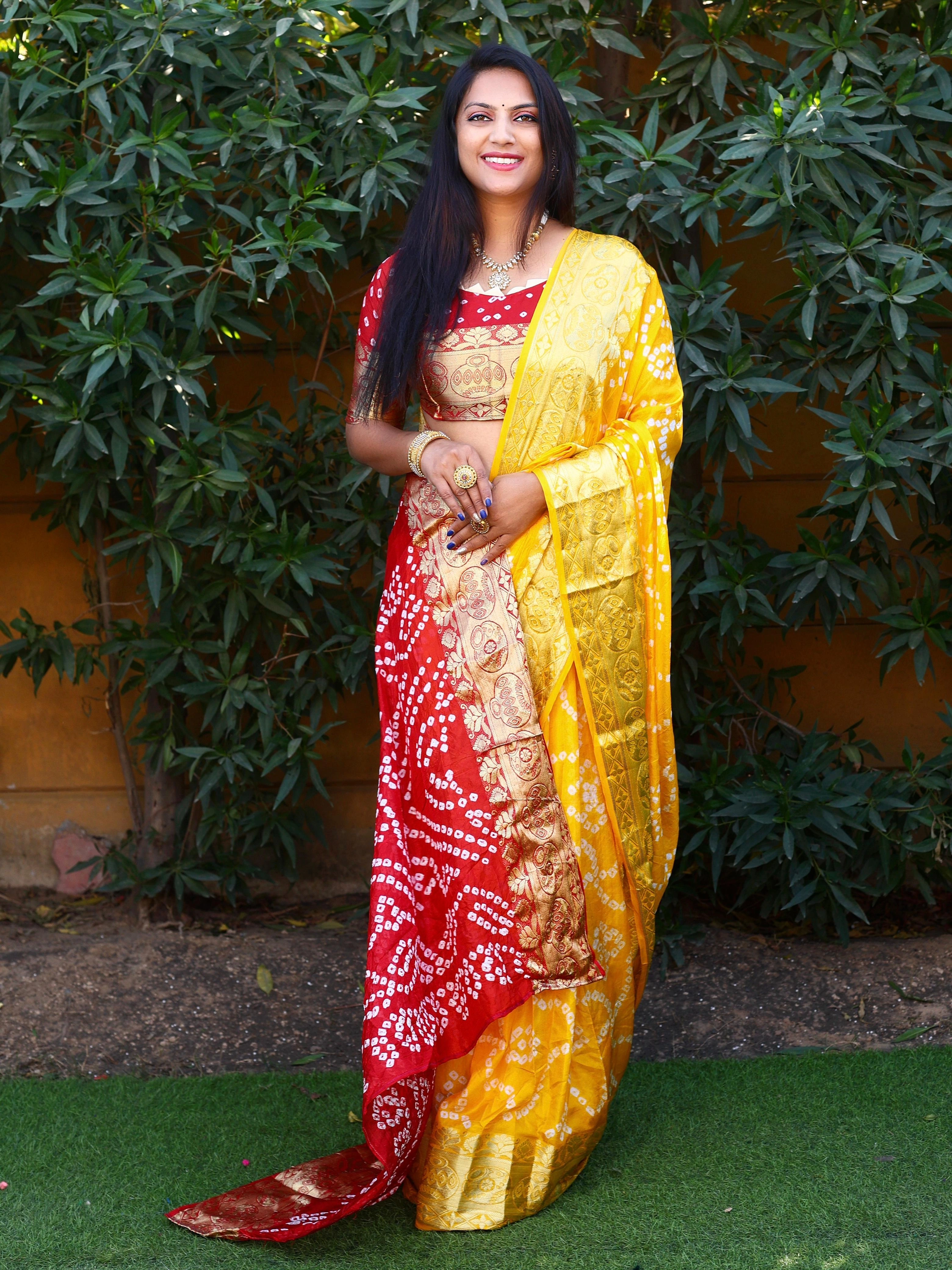 Zari-Weaved Bandhej Silk Saree with Matka Border Design-VAD-20-Mustard