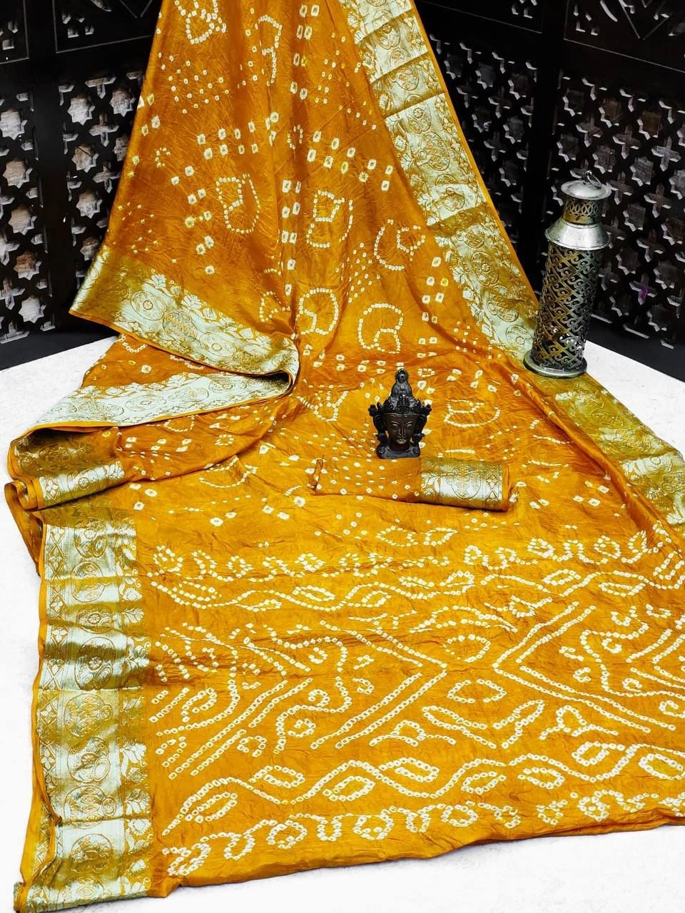 Zari-Weaved Bandhej Silk Saree with Matka Border Design-Mustard-1