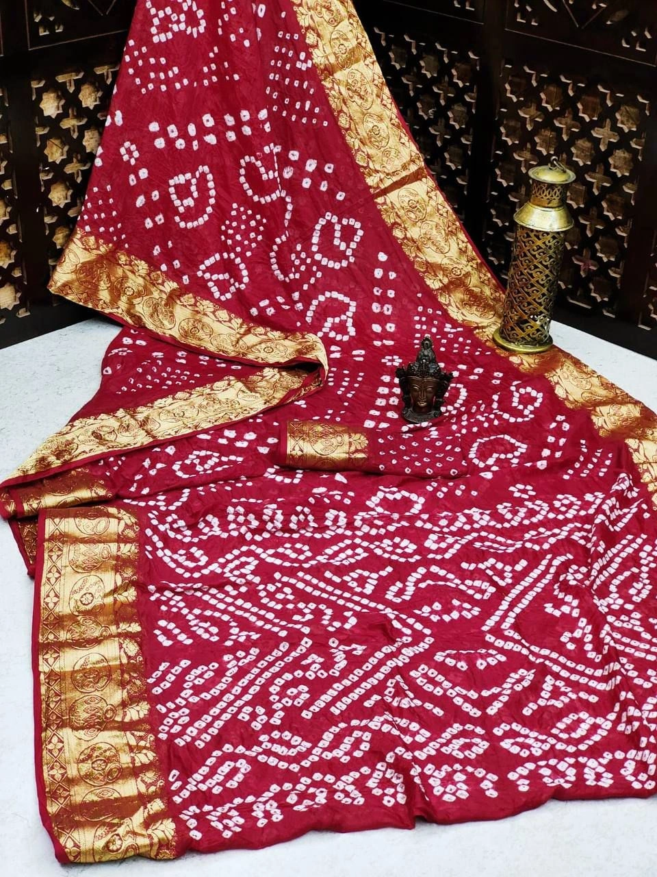 Zari-Weaved Bandhej Silk Saree with Matka Border Design-Maroon-1