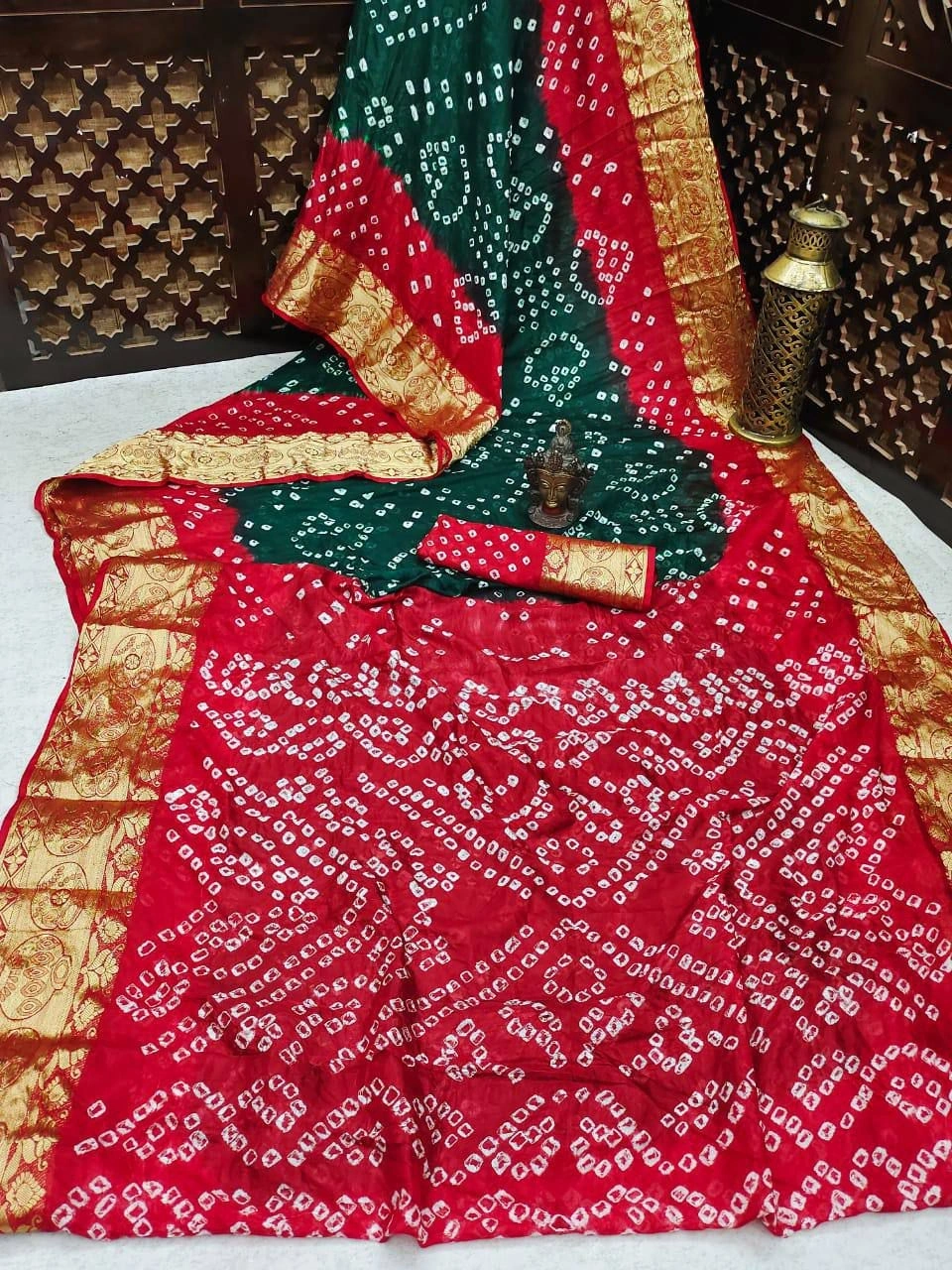 Zari-Weaved Bandhej Silk Saree with Matka Border Design-Red-1